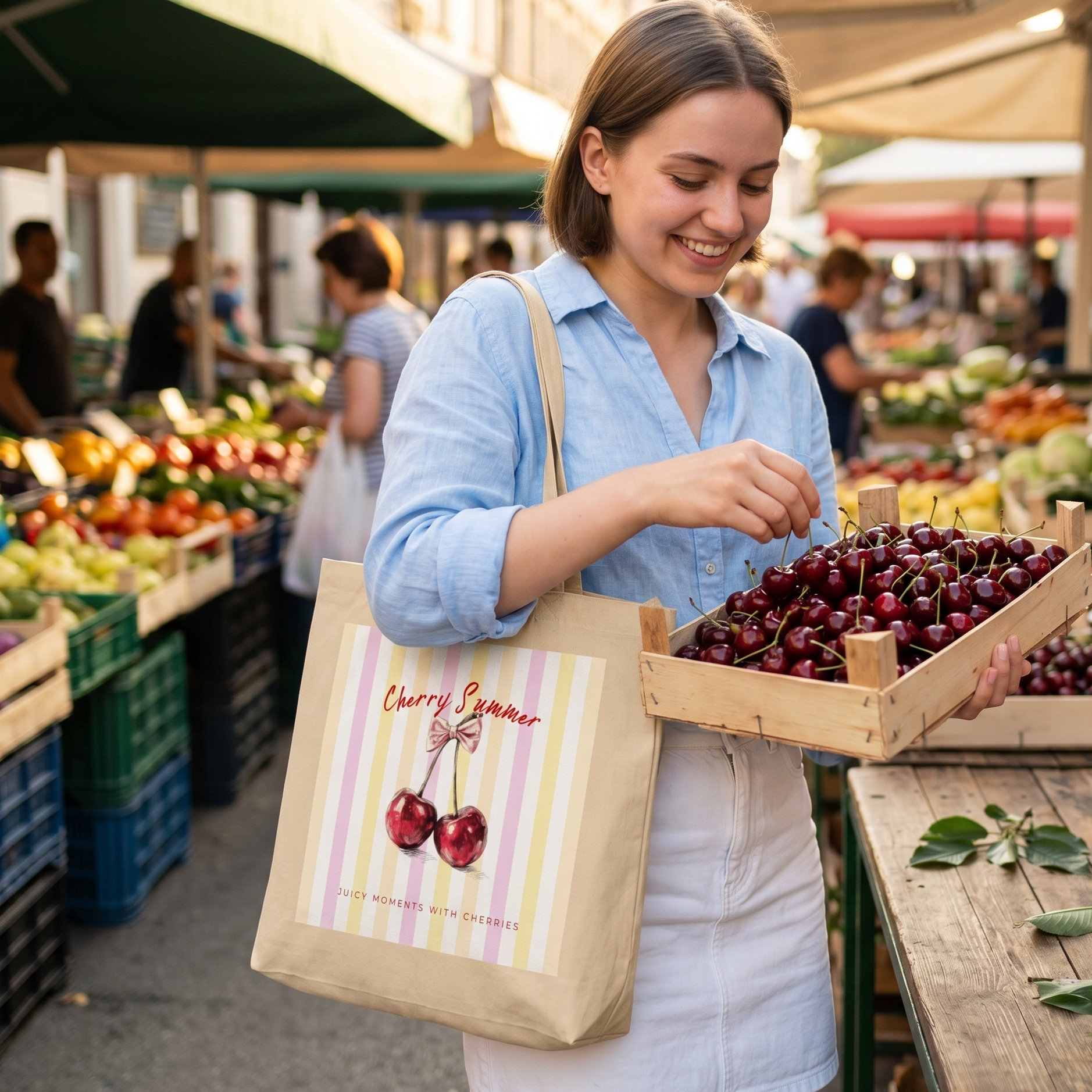 Woman shopping at an outdoor market, holding a crate of cherries and a eco tote bag with cherry design and text 'Cherry Summer'.