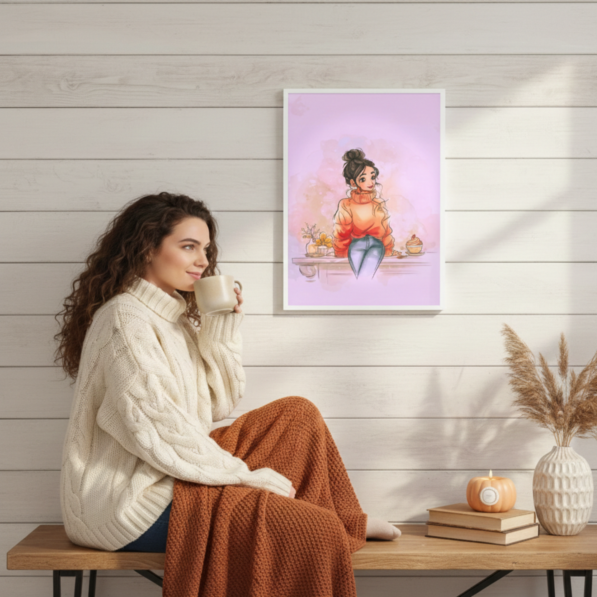 Lifestyle mockup of the Sweet & Savage 'Chunky Sweater Season' framed poster displayed on a white wood-paneled wall. A woman in a cozy cream cable-knit sweater sits nearby with a warm drink and an orange blanket, capturing a hygge autumn aesthetic perfect for seasonal home decor.