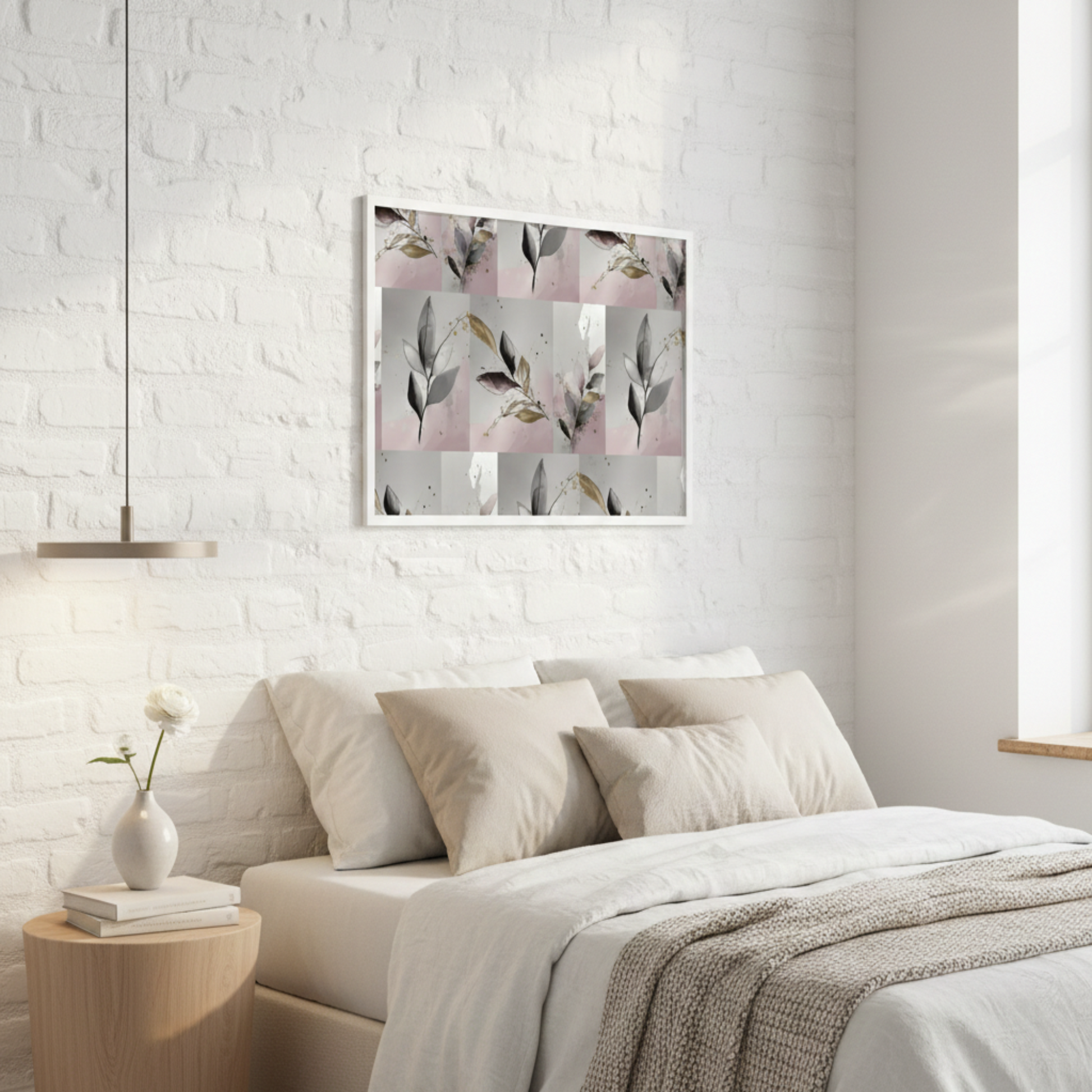 Lifestyle mockup of a Sweet & Savage 'Close Your Eyes and Make a Wish' framed floral poster hanging in a minimalist bedroom. The poster features a botanical watercolor design in pink and grey tones, positioned above a cozy bed with neutral-toned linens and a white brick wall background.