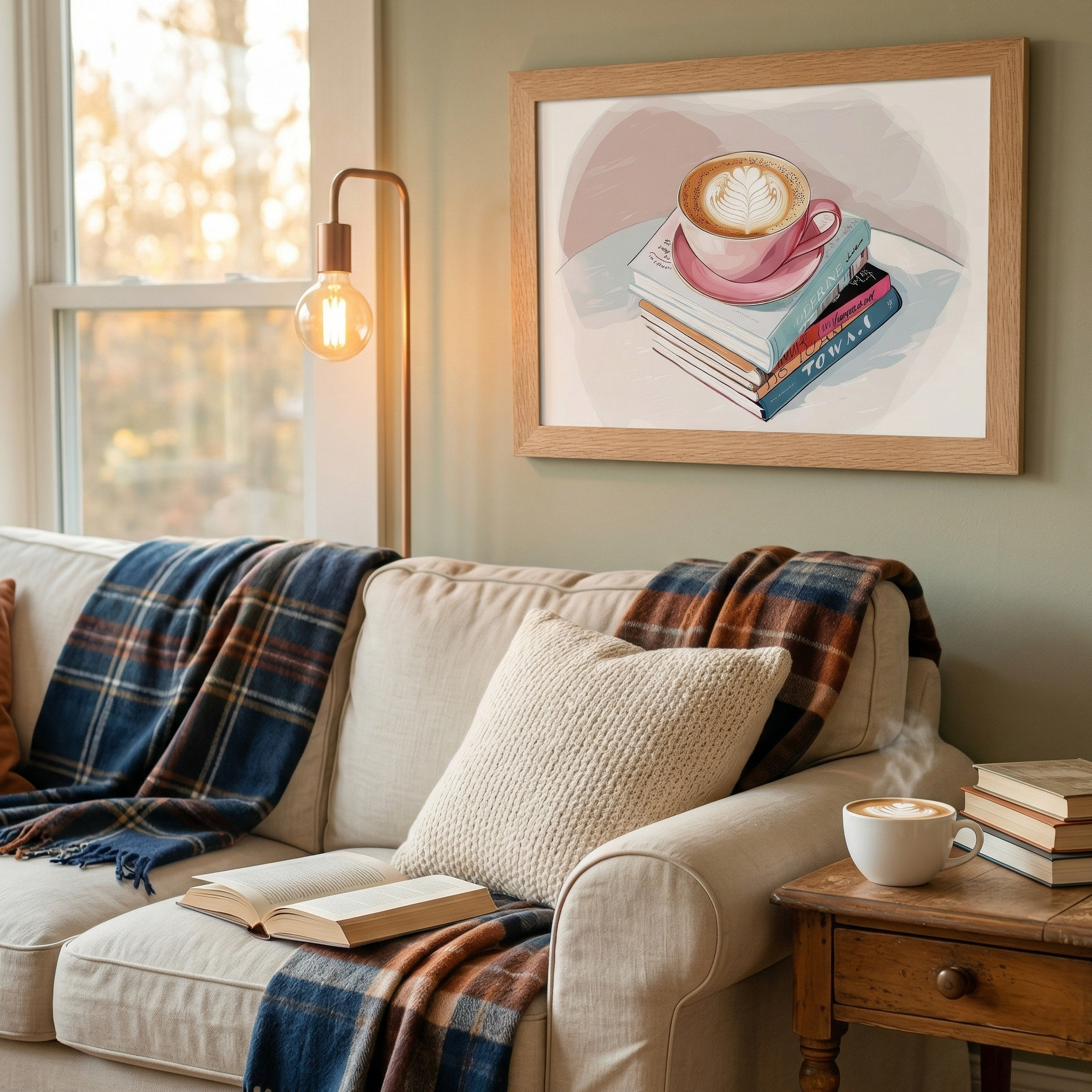 A cozy family room interior featuring a framed 'Coffee in the Morning' art print hanging on a sage green wall. The print shows a pink latte cup on a stack of books in an oak frame. Below the art is a cream-colored sofa with a plaid wool throw blanket and an open book. A wooden side table holds a steaming cup of coffee and more books, bathed in warm natural light from a nearby window.