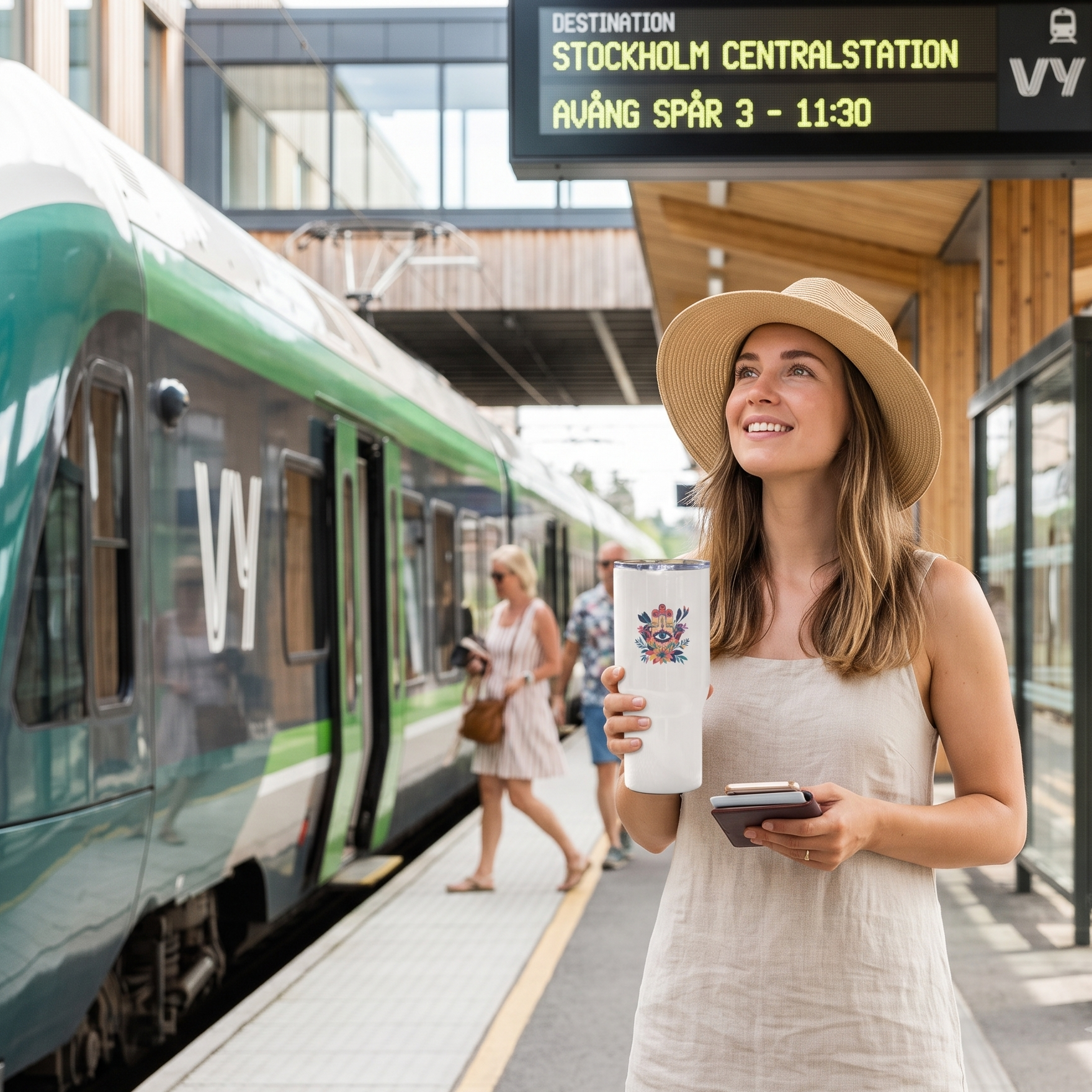 A woman in a straw hat and light dress stands on a train station platform holding a white travel mug with a colorful Hamsa design by Sweet & Savage.