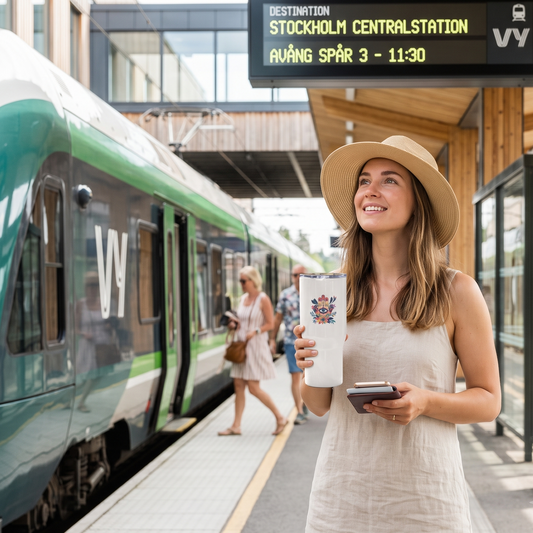 A woman in a straw hat and light dress stands on a train station platform holding a white travel mug with a colorful Hamsa design by Sweet & Savage.