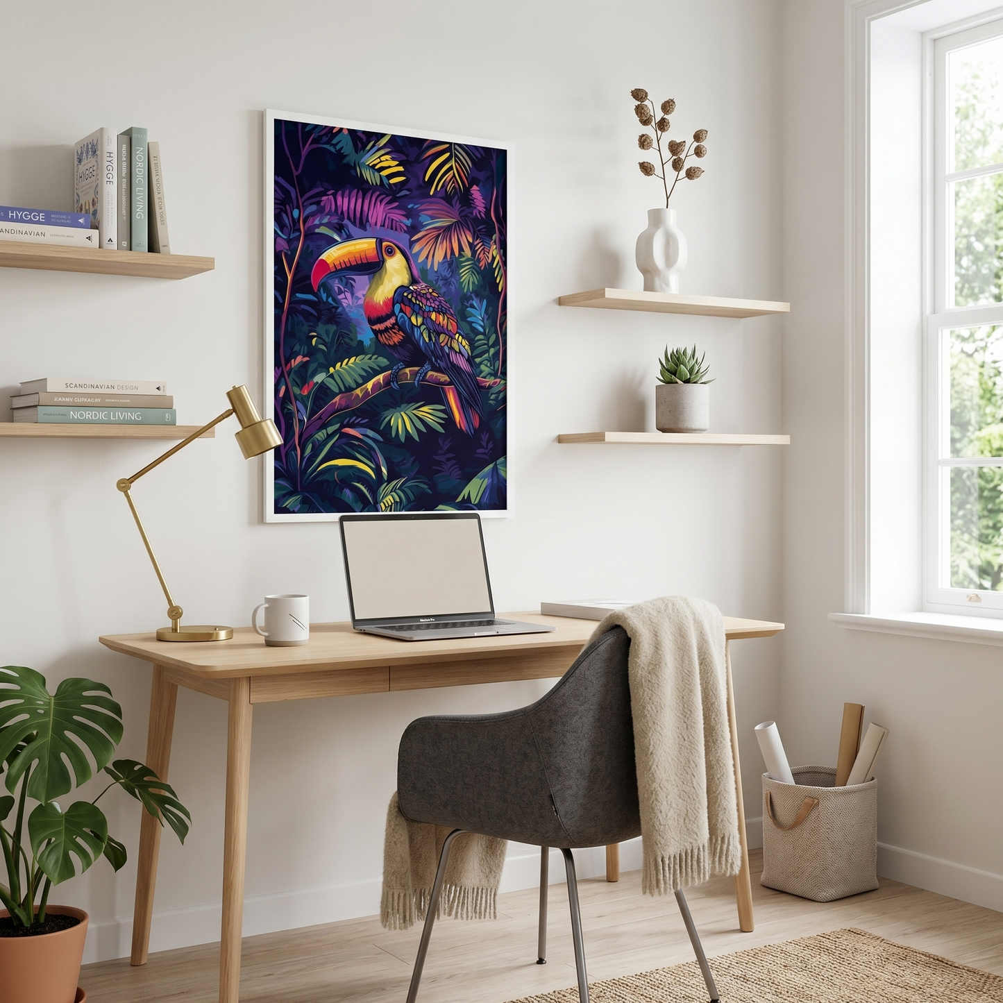 Modern home office with a desk, chair, laptop, and colorful toucan artwork on the wall.