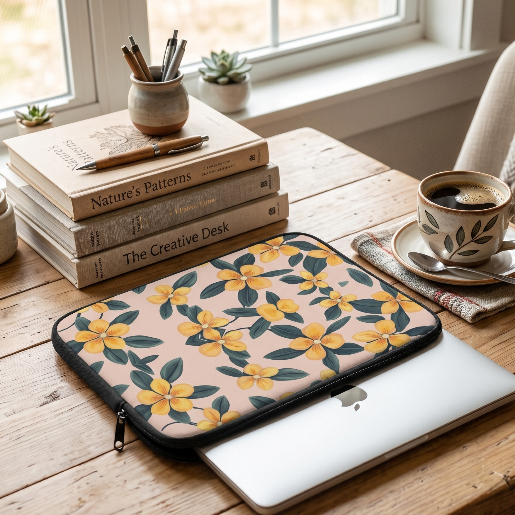 Padded 13 inch laptop sleeve featuring a vibrant yellow and blue periwinkle floral pattern in a cozy study environment. 