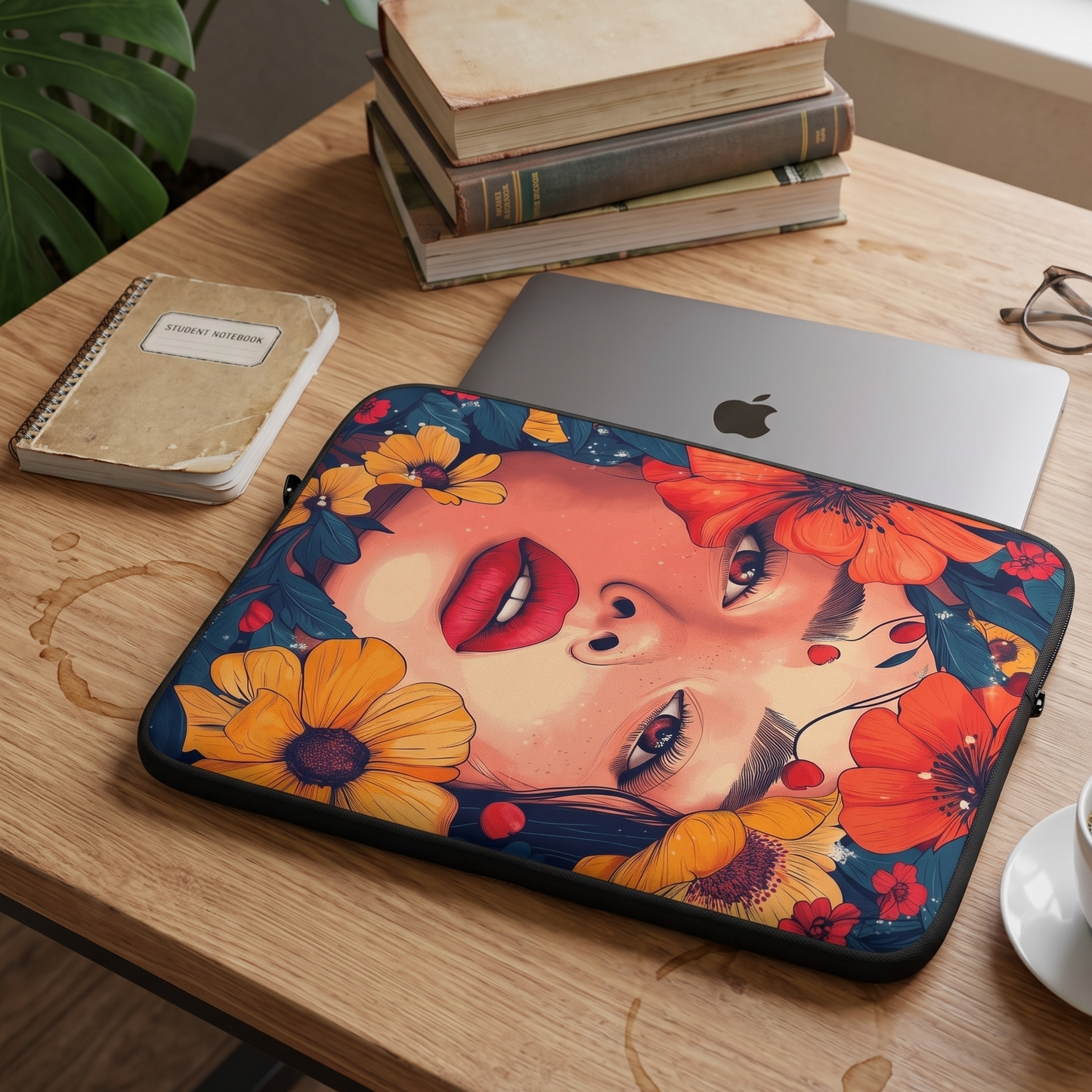 A laptop sleeve by Sweet & Savage with a colorful floral and face print is placed on a wooden desk next to a closed silver laptop, with books, a notebook, glasses, and a cup in a styled workspace setting.