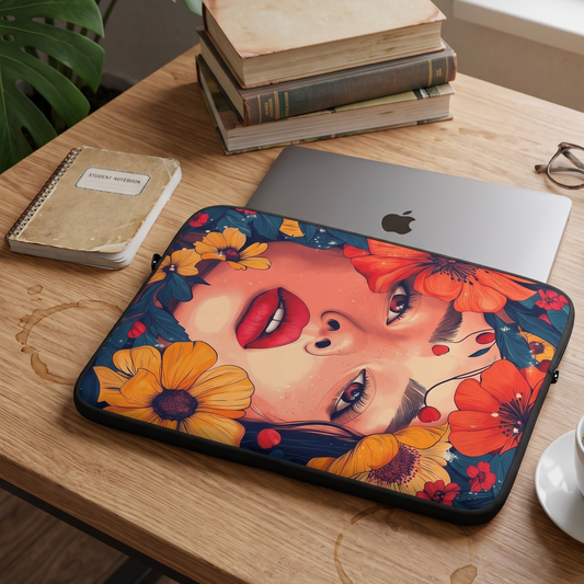A laptop sleeve by Sweet & Savage with a colorful floral and face print is placed on a wooden desk next to a closed silver laptop, with books, a notebook, glasses, and a cup in a styled workspace setting.