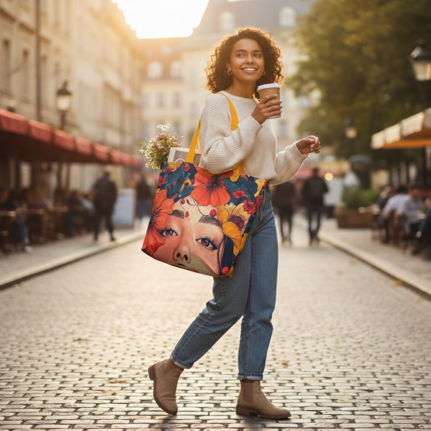 A young woman smiling while walking down a sunlit European cobblestone street, carrying the Sweet & Savage 'Cover Me With Flowers' tote bag over her shoulder. The bag features a vibrant floral face illustration and is filled with fresh wildflowers and books.