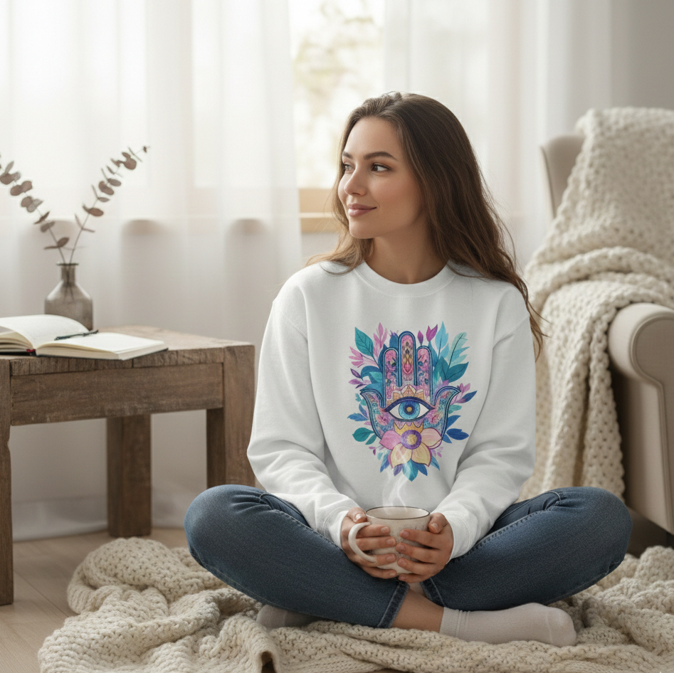 Young woman sitting on a knit blanket in a sunlit room, wearing a white Hamsa watercolor sweatshirt and holding a steaming mug, cozy morning lifestyle aesthetic."