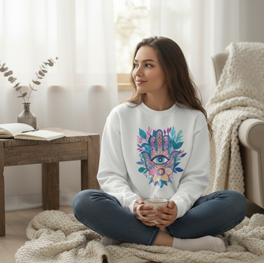 Young woman sitting on a knit blanket in a sunlit room, wearing a white Hamsa watercolor sweatshirt and holding a steaming mug, cozy morning lifestyle aesthetic."