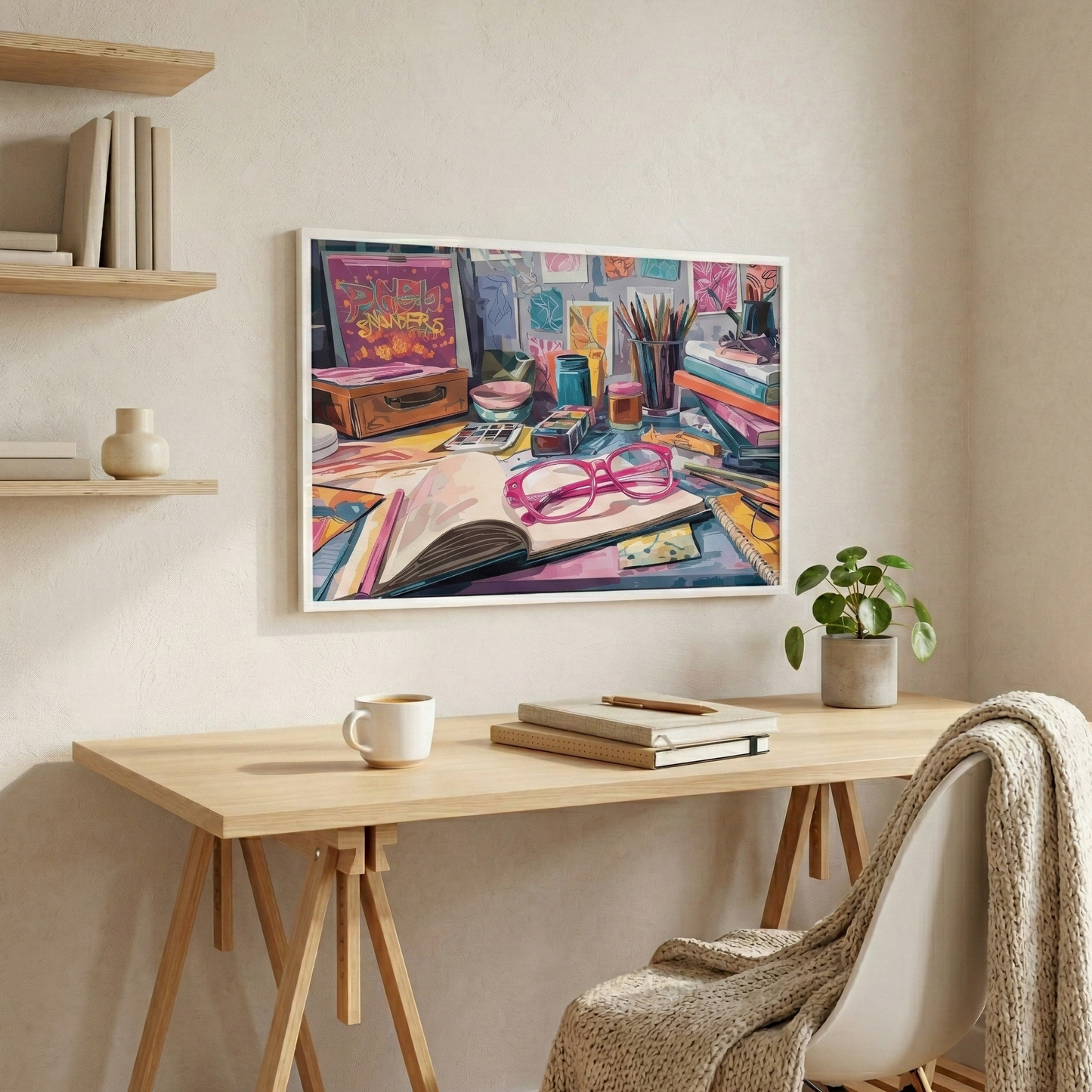 Lifestyle mockup of the horizontal Creative Bunker framed canvas in a minimalist Scandinavian office. A blonde wood desk holds a stack of notebooks and a latte, while a cozy oatmeal throw blanket is draped over a Nordic chair against a light-textured wall.