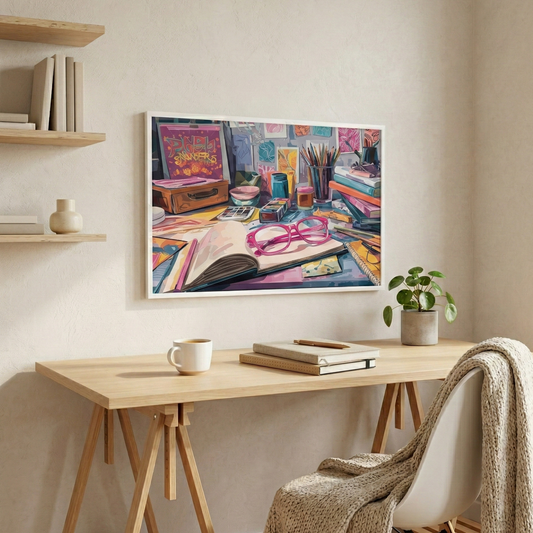 Lifestyle mockup of the horizontal Creative Bunker framed canvas in a minimalist Scandinavian office. A blonde wood desk holds a stack of notebooks and a latte, while a cozy oatmeal throw blanket is draped over a Nordic chair against a light-textured wall.