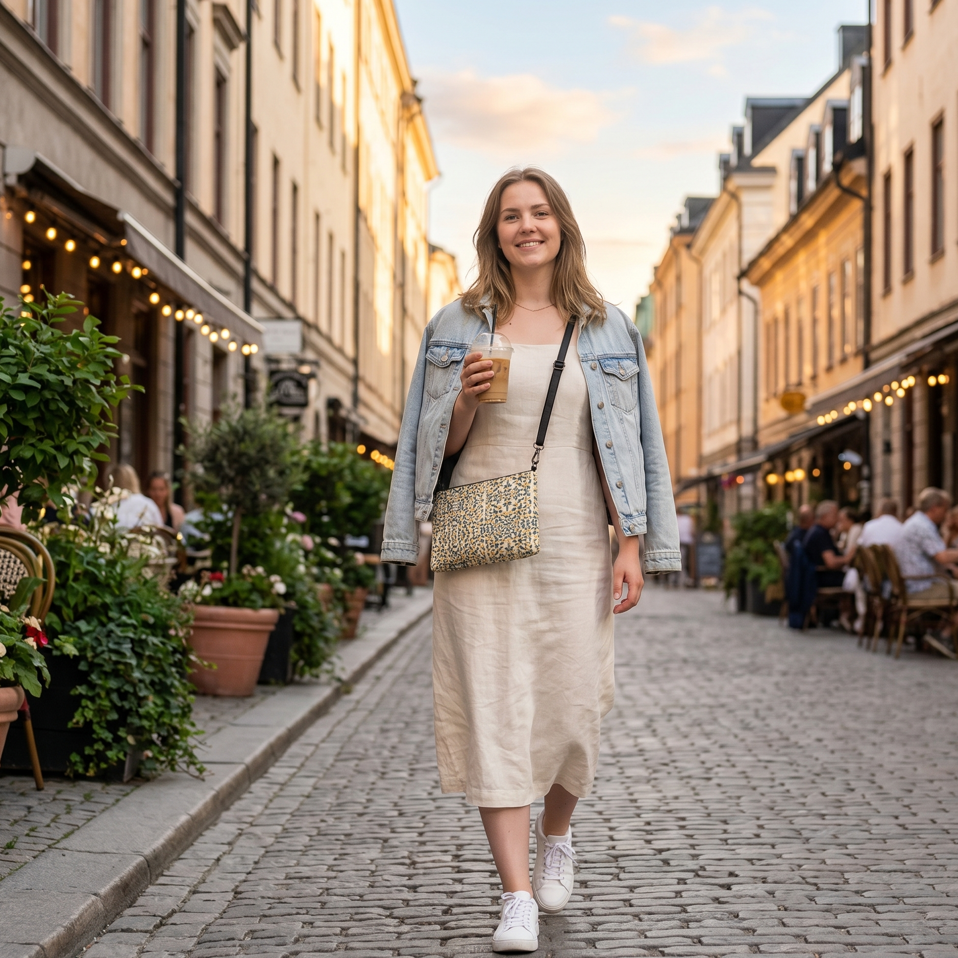 Woman walking down a street in an urban setting, wearing a crossbody bag with periwinkles pattern while dressed for an early summer evening. 