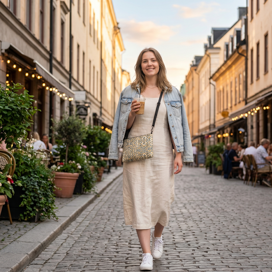 Woman walking down a street in an urban setting, wearing a crossbody bag with periwinkles pattern while dressed for an early summer evening. 