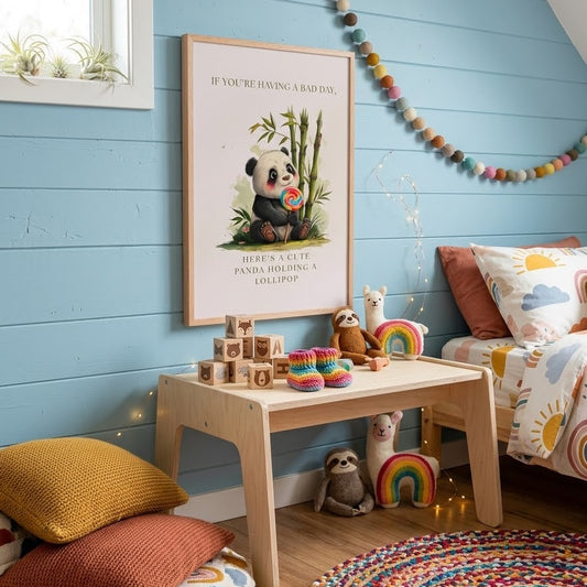 Lifestyle mockup of a framed 'Cute Panda holding a lollipop' art poster in a bright, colorful nursery. The poster features a light wood frame on a blue wooden wall, styled with wooden blocks, cozy pillows, and rainbow-themed decor from the Savage Sprouts collection.