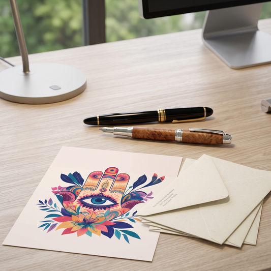 Colorful card with hand design and eye on a desk with pens and stationery.