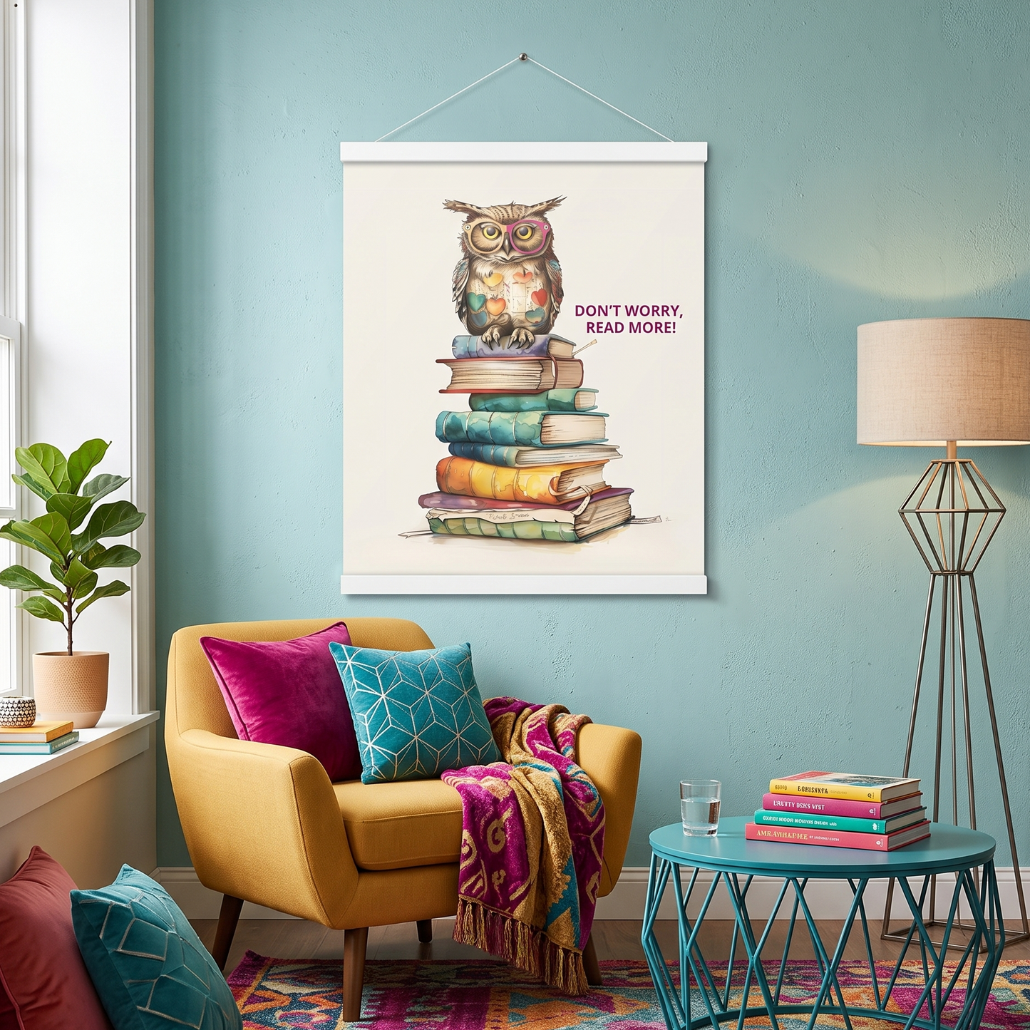 Don't worry, read more hanging poster that depicts a colorful owl on a stack of book. The owl is wearing colorful glasses and next to it are words 'Don't worry, read more'. 
