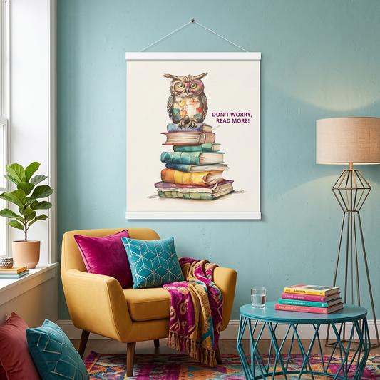 Don't worry, read more hanging poster that depicts a colorful owl on a stack of book. The owl is wearing colorful glasses and next to it are words 'Don't worry, read more'. 