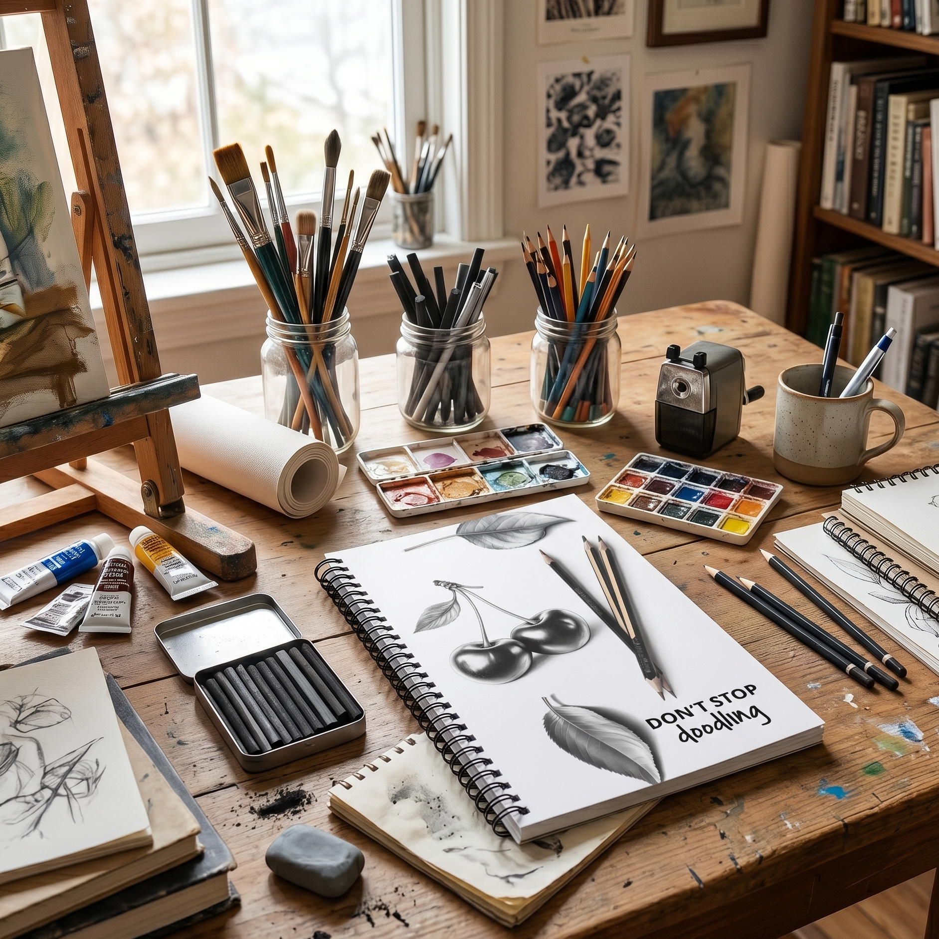 Artistic workspace with a spiral notebook in the center that has a grey cherry design and the text 'Don't Stop Doodling'. The spiral notebook is surrounded by pencils and brushes. 