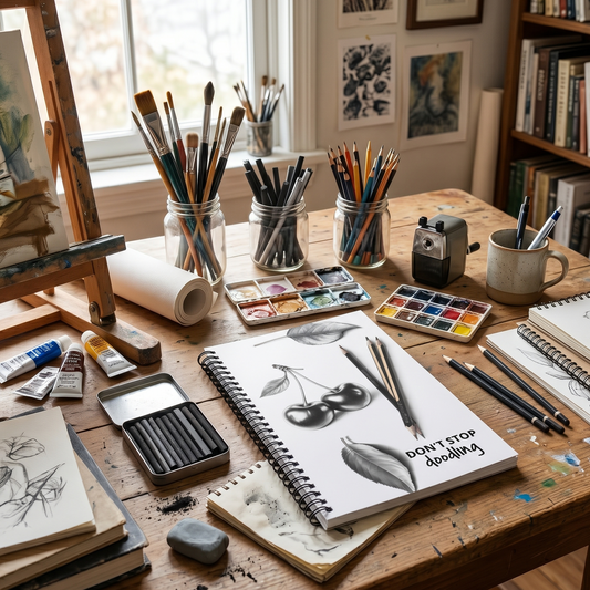 Artistic workspace with a spiral notebook in the center that has a grey cherry design and the text 'Don't Stop Doodling'. The spiral notebook is surrounded by pencils and brushes. 
