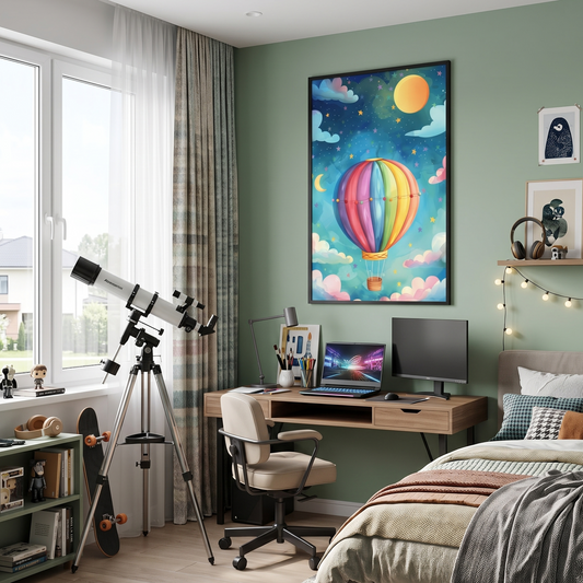 Modern bedroom with desk, chair, and decor elements