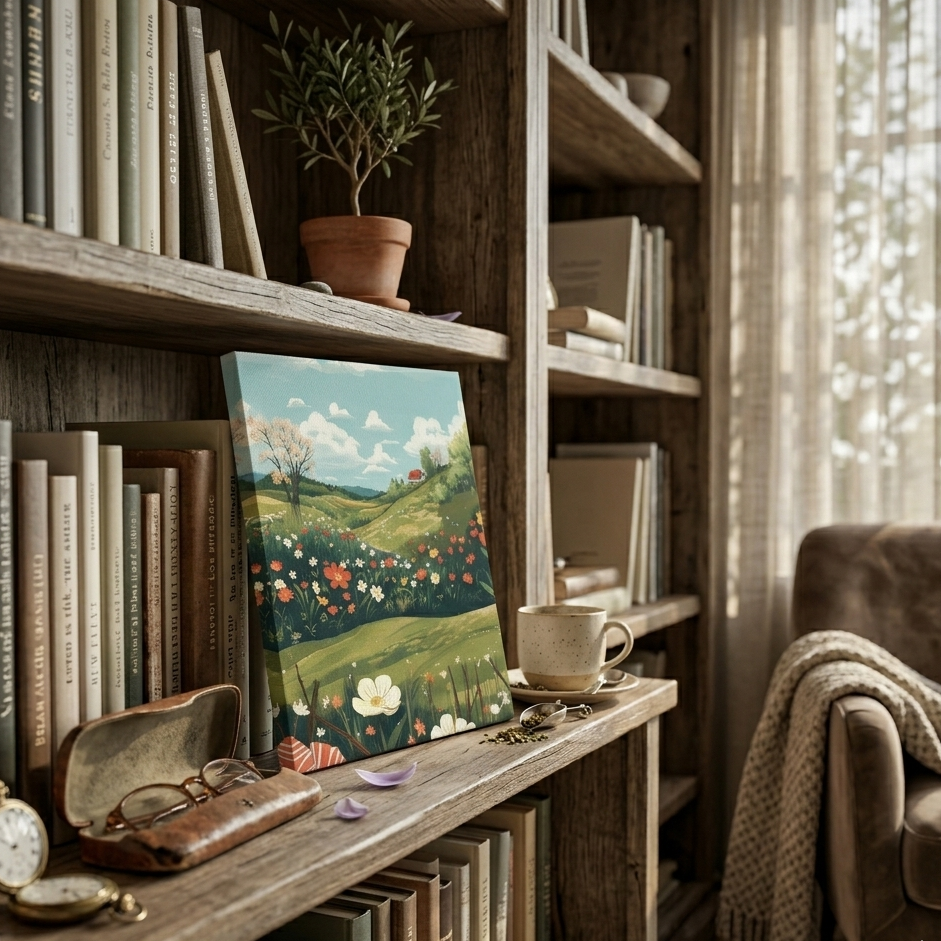 A warm, close-up lifestyle photograph of a rustic wooden bookshelf in a sunlit home library or reading corner. On a central shelf, artfully propped between curated rows of antique books, is a detailed canvas print featuring a vibrant green rolling wildflower landscape with a red-roofed cottage.