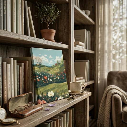 A warm, close-up lifestyle photograph of a rustic wooden bookshelf in a sunlit home library or reading corner. On a central shelf, artfully propped between curated rows of antique books, is a detailed canvas print featuring a vibrant green rolling wildflower landscape with a red-roofed cottage.