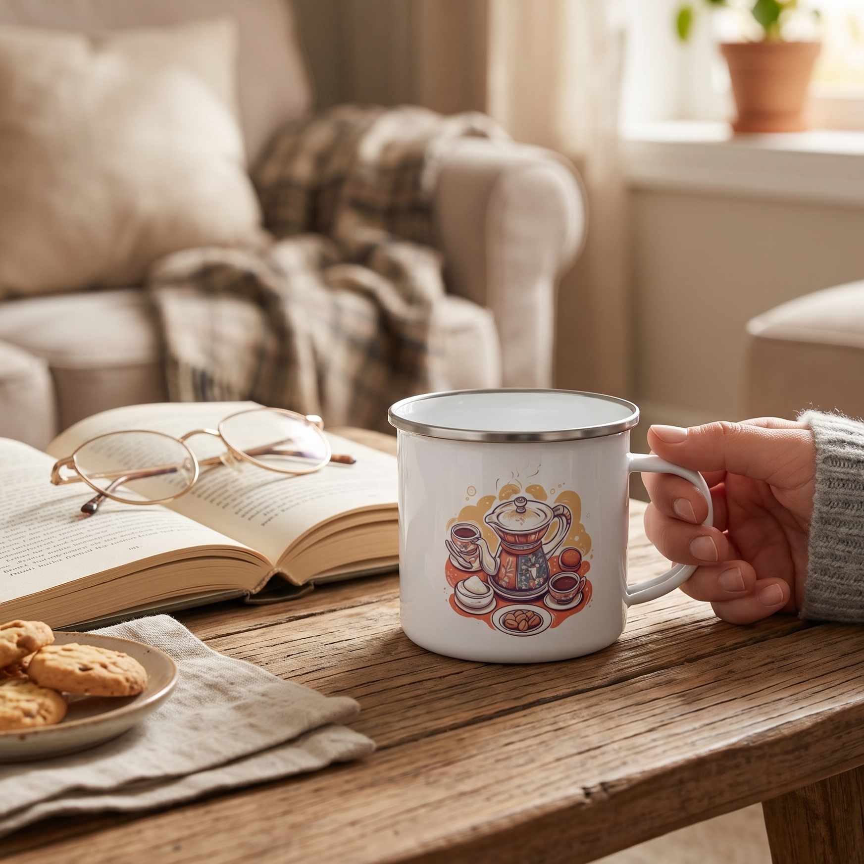 A white enamel mug with a colorful teapot illustration sits on a wooden table in a cozy living room setting. A hand holds the mug, with an open book, glasses, and cookies nearby.