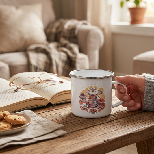 A white enamel mug with a colorful teapot illustration sits on a wooden table in a cozy living room setting. A hand holds the mug, with an open book, glasses, and cookies nearby.