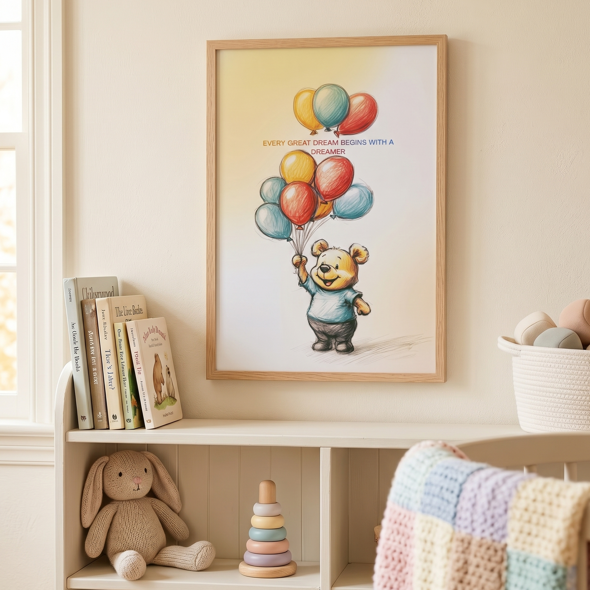 Framed poster of a bear with balloons and text 'Every Great Dream Begins with a Dreamer' on a shelf with toys and books.