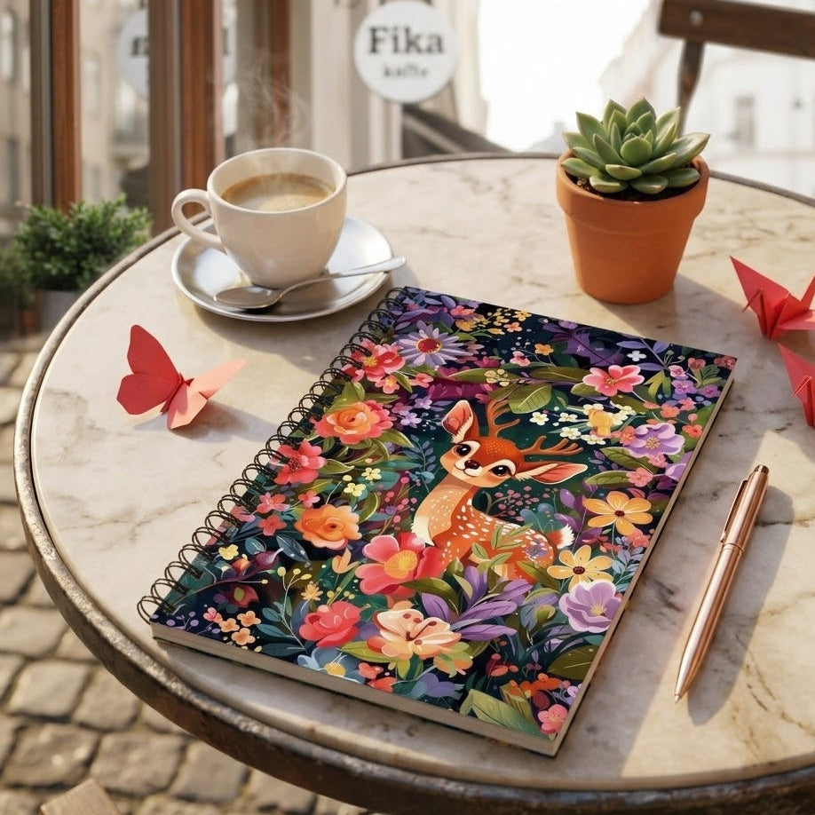 A close-up lifestyle shot of a spiral notebook on a marble cafe table. The notebook cover features a vibrant, colorful illustration of a wide-eyed baby deer (fawn) surrounded by lush flowers in shades of pink, orange, and purple. 