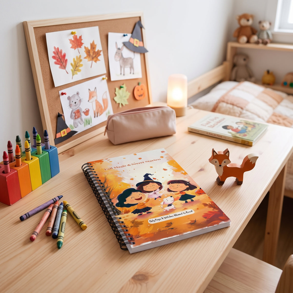 A children's desk setup in a warm, styled room. The main product featured is a spiral notebook titled 'Fall Magic and Secret Stories' with a colorful autumn witch-themed illustration.