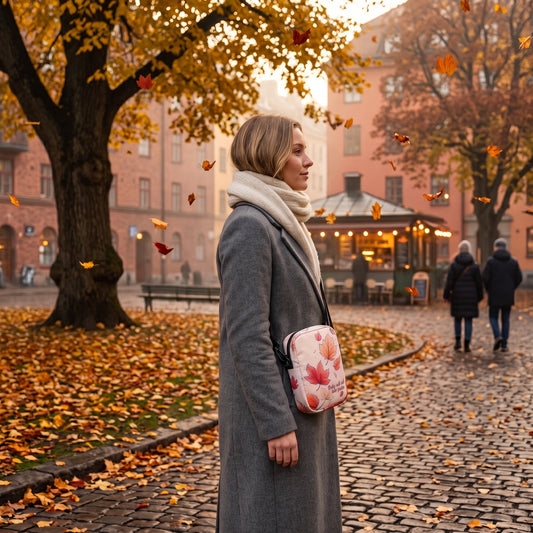 A woman in a gray coat and cream scarf stands on a cobblestone street in an autumn park, carrying a small crossbody bag with autumn leaves design by Sweet & Savage. 