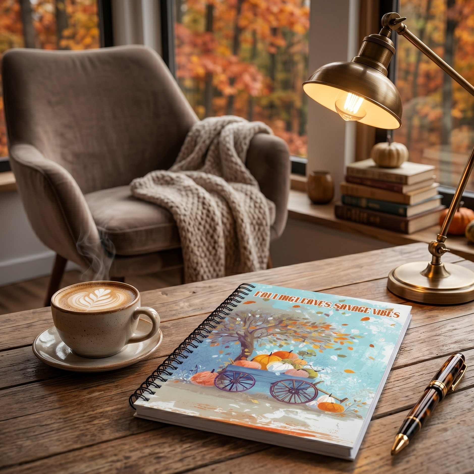 Cozy autumn scene with a spiral notebook with a design of wagon full of pumpkins. Next to the spiral notebook there is a cup of coffee, and lamp on a wooden table. 