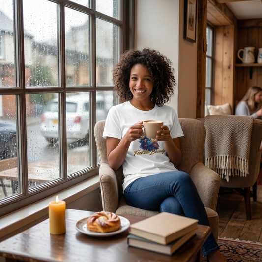 Woman sitting in a cozy coffee shop holding a mug, with a candle and book on a table.The woman is wearing a white t-shirt with colorful graphic of a tiger and text 'Feel the Beauty'. 