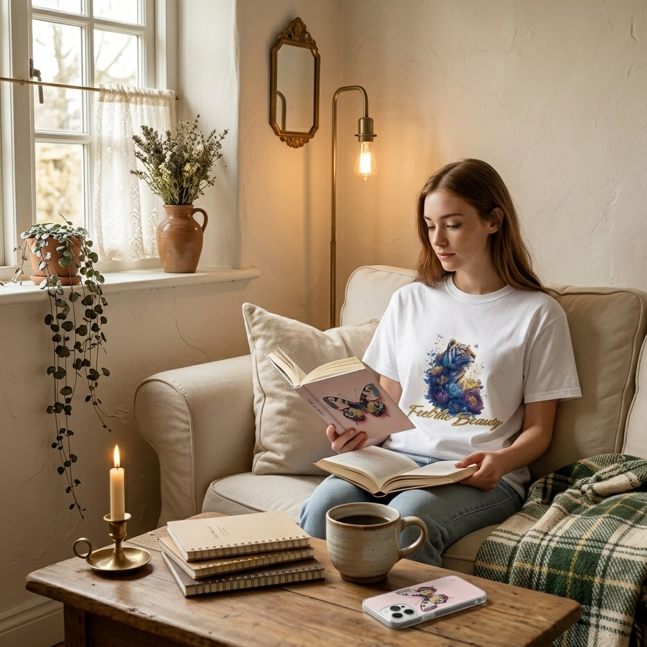 A cozy lifestyle mockup of a young woman in a white t-shirt featuring a blue tiger and "Feel the Beauty" graphic, sitting on a cream sofa in a sunlit reading nook. A butterfly iPhone case, a stack of notebooks, a lit candle, and a mug of coffee are styled on a rustic wooden coffee table in the foreground.