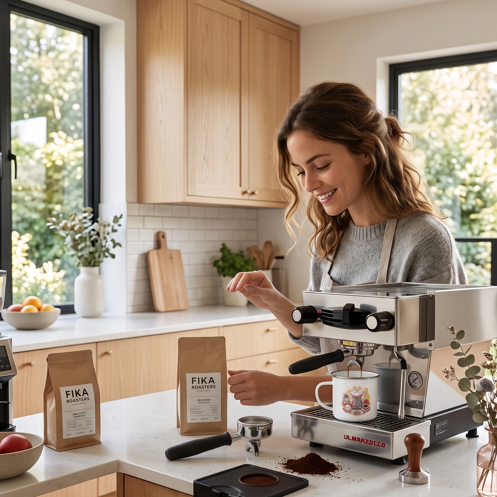 A woman in a gray apron stands in a bright kitchen behind a stainless steel espresso machine, preparing coffee next to two bags of Fika Colombia coffee beans.