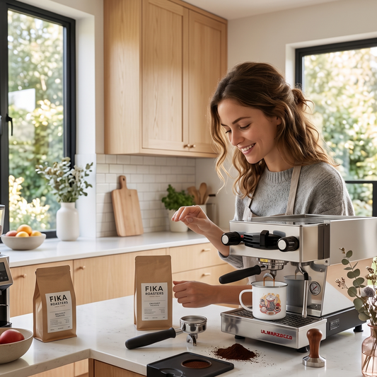 A woman in a gray apron stands in a bright kitchen behind a stainless steel espresso machine, preparing coffee next to two bags of Fika Colombia coffee beans.