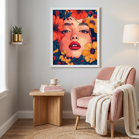 Living room with a pink armchair, wooden side table, and colorful floral art portrait framed in white on the wall.