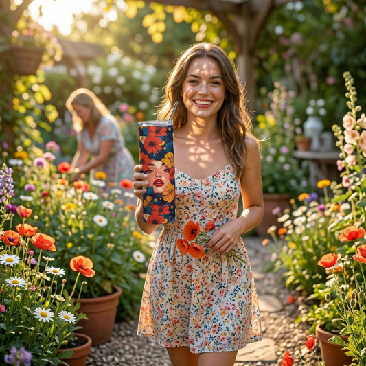 Lifestyle image of a smiling young woman in a floral dress walking through a flower garden, holding a 'Sweet & Savage' floral tumbler with a metal straw. Background filled with colorful poppies and daisies in warm sunlight.