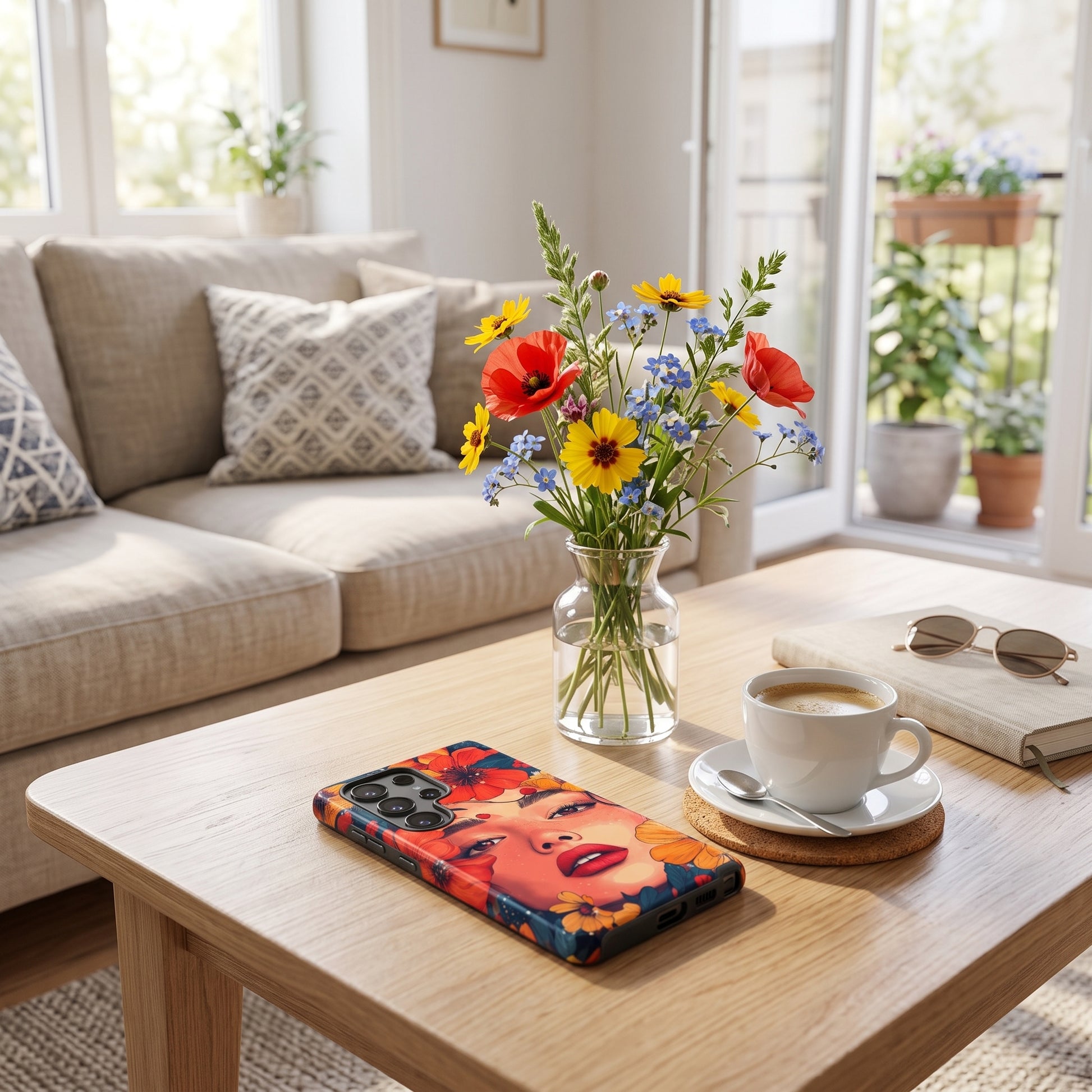 A smartphone case with a colorful pop-art face design is shown resting on a light wood coffee table in a bright, modern living room. The case features a vibrant portrait with red lips, yellow and orange skin tones, and blue details, surrounded by a coffee cup, sunglasses, and a vase of flowers.