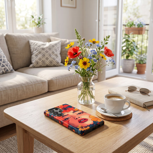 A smartphone case with a colorful pop-art face design is shown resting on a light wood coffee table in a bright, modern living room. The case features a vibrant portrait with red lips, yellow and orange skin tones, and blue details, surrounded by a coffee cup, sunglasses, and a vase of flowers.