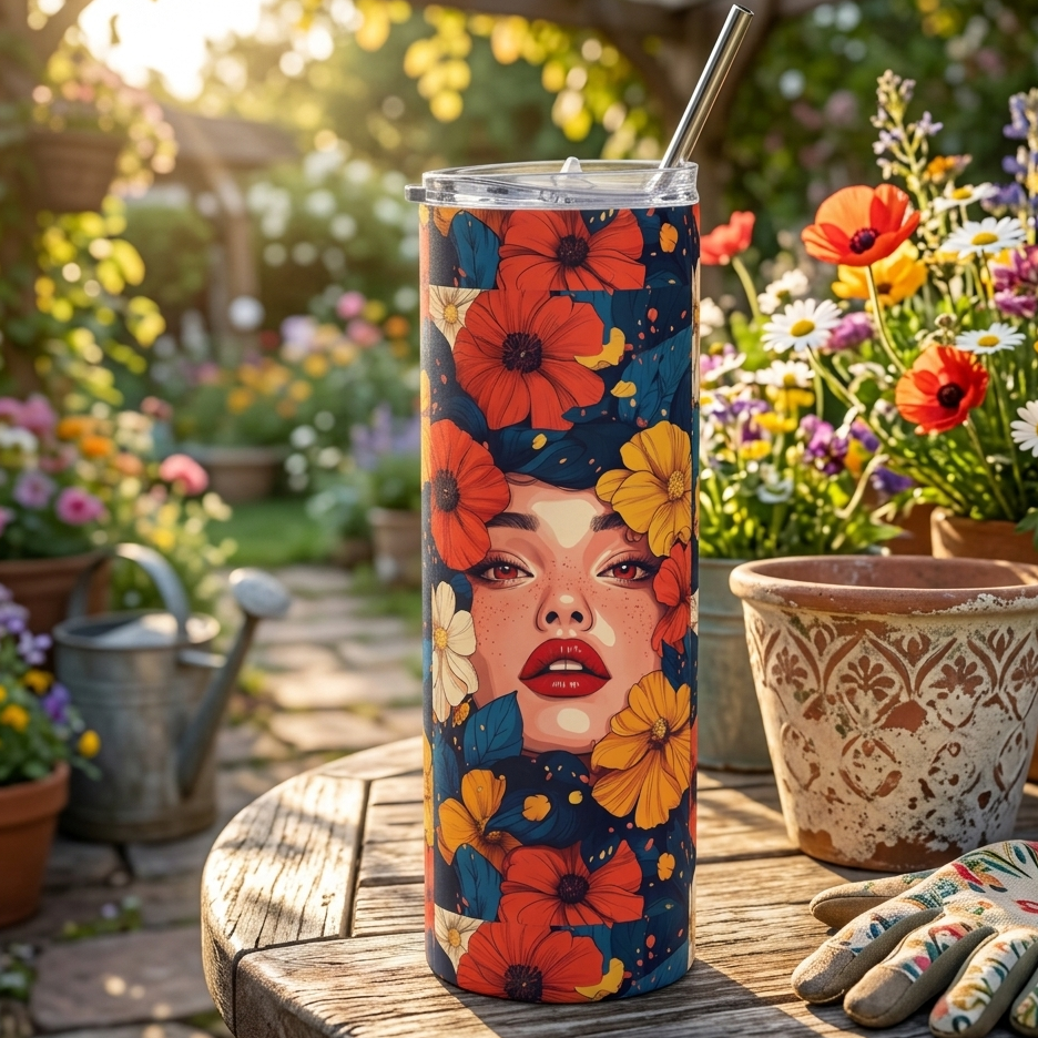 Botanical lifestyle mockup of a stainless steel tumbler featuring a colorful floral print and woman's face. The tumbler is placed on a rustic garden table surrounded by potted flowers, a watering can, and gardening gloves in a sunny spring garden.