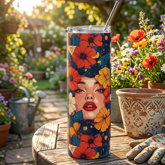 Botanical lifestyle mockup of a stainless steel tumbler featuring a colorful floral print and woman's face. The tumbler is placed on a rustic garden table surrounded by potted flowers, a watering can, and gardening gloves in a sunny spring garden.