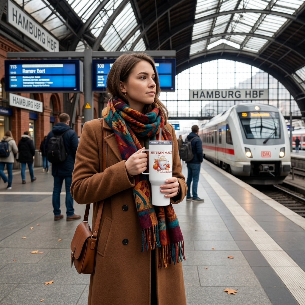 A woman in a brown coat and colorful scarf stands on a train station platform holding a white travel mug with words 'Autumn Magic with a Dash of Boo!' and a graphic depicting pumpkin spiced latte and autumn leaves by Sweet & Savage. A white train is arriving at the platform, and signs reading HAMBURG HBF are visible in the background.