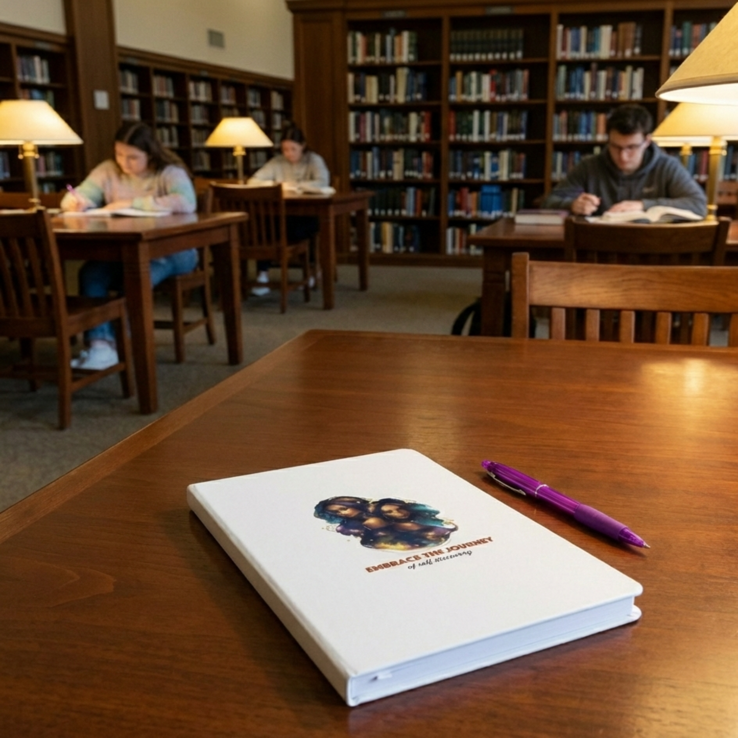 White hardcover Gemini zodiac notebook featuring a cosmic twins illustration, placed on a wooden library table with a purple pen in a cozy study hall setting.