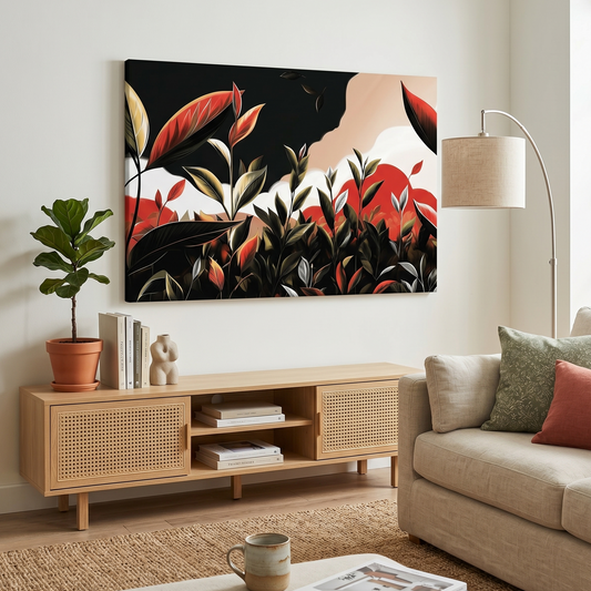 Living room with a large canvas depicting green leaves, wooden cabinet, and beige sofa.