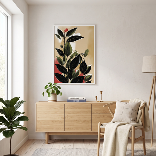 Modern living room with a wooden sideboard, chair, and a framed poster of green tea leaves with a white frame. 