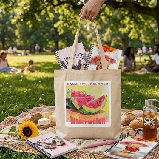 Lifestyle mockup of Sweet & Savage 'Hallo Sweet Summer' organic cotton tote bag on a picnic blanket in a sunlit park. Two spiral notebooks are peeking out: one with a colorful butterfly and 'Life is Short' text, and one with a cute bear in a red coat. The scene features a water bottle with the Sweet & Savage logo, bread, and fruit.