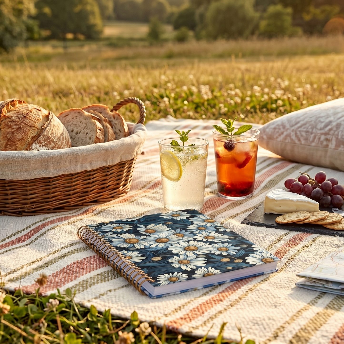 Picnic setup with bread, drinks, and a spiral notebook in the middle with daisy design. There are also snacks on the blanket which is placed in a late summer field. 