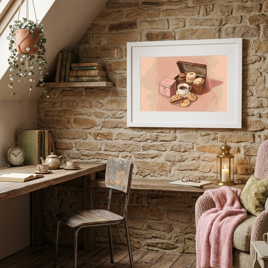 A white-framed art print of a vintage-style tea and cookie still life, set against a peach background, hanging in a cozy home office with an exposed stone wall, a rustic wooden desk, and a pink knit throw blanket.